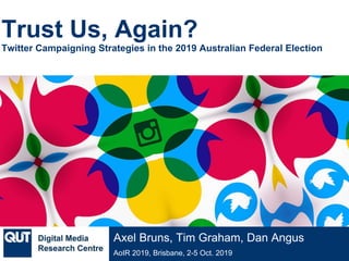 @qutdmrc
AoIR 2019, Brisbane, 2-5 Oct. 2019
Axel Bruns, Tim Graham, Dan Angus
Trust Us, Again?
Twitter Campaigning Strategies in the 2019 Australian Federal Election
 