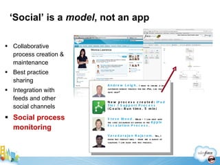 Collaborative process creation & maintenance Best practice sharing Integration with feeds and other social channels Social process monitoring ‘ Social’ is a  model , not an app Steve Wood.  Great – I can help with the case escalation by linking in the  Apple Escalation Process . New process created:  iPad Tier 1 Support Process  (Goals: Run time, 5 min) Andrew Leigh.   I need to create a new customer service process for the iPad, can you guys help? Varadarajan Rajaram.  Yes, I know this product well – there are a bunch of solutions I can build into this process. 