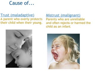 Trust (maladaptive ) A parent who overly protects their child when their young. Mistrust (malignant) Parents who are unreliable and often rejects or harmed the child as an infant. Cause of...
