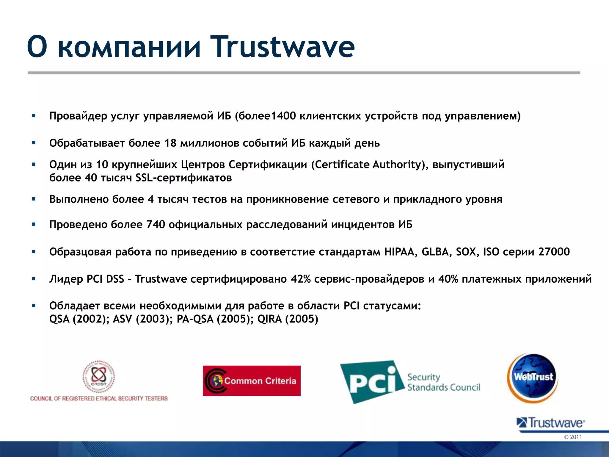О компании TrustwaveПровайдер услуг управляемой ИБ (более1400 клиентских устройствпод управлением)