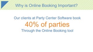 Why is Online Booking Important?
Our clients at Party Center Software book
40% of parties
Through the Online Booking tool
 