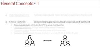 ● Individual fairness: Similar individuals have similar experience/treatment
● Group fairness: Different groups have similar experience/treatment
○ Sensitive attribute: Attribute identifying group membership
○ Disparate treatment: Groups intentionally treated differently
○ Disparate impact: Groups receive outcomes at different rates
○ Disparate mistreatment: Groups receive erroneous effects at different rates
General Concepts - II
 