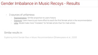 - 3 sources of unfairness:
- Representation: Similar proportion to users history
- Exposure: Users have to put more effort to reach the ﬁrst female artist in the recommendation
- Utiliy: Model make more “mistakes” for female artists than for male artists
Similar results in:
Exploring Artist Gender Bias in Music Recommendation [Shakespeare et al., 2020]
Gender Imbalance in Music Recsys - Results
 