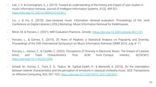 162
- Lee, J. H. & Cunningham, S. J. (2013). Toward an understanding of the history and impact of user studies in
music information retrieval. Journal of Intelligent Information Systems. 41(3), 499-521.
https://doi.org/10.1007/s10844-013-0259-2
- Liu, J. & Hu, X. (2010). User-centered music information retrieval evaluation. Proceedings of the Joint
Conference on Digital Libraries (JCDL) Workshop: Music Information Retrieval for theMmasses.
- Miron, M. & Porcaro, L. (2021). MIR Evaluation Practices. Zenodo. https://doi.org/10.5281/zenodo.4611731
- Porcaro, L., & Gómez, E. (2019). 20 Years of Playlists: a Statistical Analysis on Popularity and Diversity.
Proceedings of the 20th International Symposium on Music Information Retrieval, ISMIR 2019, July, 4–11.
- Porcaro, L., Gómez, E., & Castillo, C. (2022). Perceptions of Diversity in Electronic Music: The Impact of Listener,
Artist, and Track Characteristics. Proc. ACM Hum.-Comput. Interact., 6(CSCW1).
https://doi.org/10.1145/3512956
- Schedl, M., Gomez, E., Trent, E. S., Tkalcic, M., Eghbal-Zadeh, H., & Martorell, A. (2018). On the interrelation
between listener characteristics and the perception of emotions in classical orchestra music. IEEE Transactions
on Affective Computing, 9(4), 507–525. https://doi.org/10.1109/TAFFC.2017.2663421
 