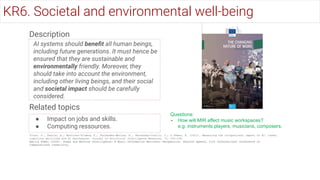 Description
AI systems should beneﬁt all human beings,
including future generations. It must hence be
ensured that they are sustainable and
environmentally friendly. Moreover, they
should take into account the environment,
including other living beings, and their social
and societal impact should be carefully
considered.
Related topics
● Impact on jobs and skills.
● Computing ressources.
Questions:
- How will MIR affect music workspaces?
e.g. instruments players, musicians, composers.
Tolan, S., Pesole, A., Martínez-Plumed, F., Fernández-Macías, E., Hernández-Orallo, J., & Gómez, E. (2021). Measuring the occupational impact of AI: tasks,
cognitive abilities and AI benchmarks. Journal of Artificial Intelligence Research, 71, 191-236.
Emilia Gómez (2020). Human and Machine Intelligence: A Music Information Retrieval Perspective. Keynote speech, 11th International Conference on
Computational Creativity.
KR6. Societal and environmental well-being
 