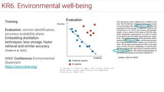 Training
Evaluation: version identiﬁcation,
accuracy-scalability plane.
Embedding distillation
techniques: less storage, faster
retrieval and similar accuracy
(Yesiler et al. 2022).
NIME Conference Environmental
Statement
https://eco.nime.org/
Traditional systems
DL systems
Scalability
Accuracy
F. Yesiler, J. Serrà, E. Gómez. Less is more: Faster and
better music version identification with embedding
distillation, ISMIR 2020.
Jukebox, Open AI (2020)
Evaluation
KR6. Environmental well-being
 