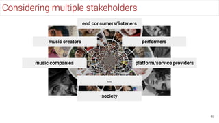 Considering multiple stakeholders
40
music creators performers
music companies platform/service providers
end consumers/listeners
society
...
 