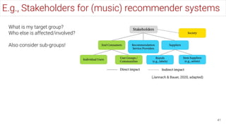 E.g., Stakeholders for (music) recommender systems
41
What is my target group?
Who else is affected/involved?
Also consider sub-groups!
(Jannach & Bauer, 2020, adapted)
 
