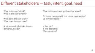 What is the providers goal, need or intent?
Do these overlap with the users’ perspective?
Do they contradict?
Different stakeholders — task, intent, goal, need
42
What is the user’s task?
What is the user’s intent?
What does the user want?
What does the user need?
Are there multiple tasks, intents,
demands, needs?
Is this fair?
Is this desirable?
Who says that?
 