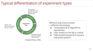 Typical differentiation of experiment types
50
Different (sub-)communities
→different terminology
● Computational or algorithmic
approaches
● User studies (in the lab or online)
● Field studies/experiment (using a
real-world system)
(Zangerle & Bauer, 2020)
 