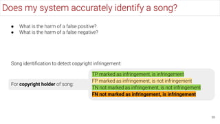 For copyright holder of song:
Does my system accurately identify a song?
56
● What is the harm of a false positive?
● What is the harm of a false negative?
TP marked as infringement, is infringement
FP marked as infringement, is not infringement
TN not marked as infringement, is not infringement
FN not marked as infringement, is infringement
Song identiﬁcation to detect copyright infringement:
 