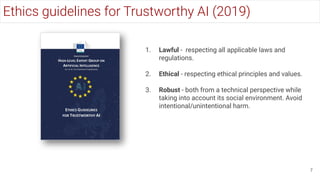 1. Lawful - respecting all applicable laws and
regulations.
2. Ethical - respecting ethical principles and values.
3. Robust - both from a technical perspective while
taking into account its social environment. Avoid
intentional/unintentional harm.
7
Ethics guidelines for Trustworthy AI (2019)
 