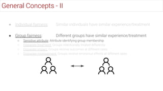 ● Individual fairness: Similar individuals have similar experience/treatment
● Group fairness: Different groups have simil...