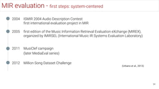 MIR evaluation - ﬁrst steps: system-centered
34
2004 ISMIR 2004 Audio Description Contest
ﬁrst international evaluation pr...