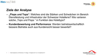 Ziele der Analyse
– „Flops und Tops“: Welches sind die Stärken und Schwächen im Bereich
  Dienstleistung und Infrastruktur der Schweizer Hotellerie? Wie variieren
  solche „Tops und Flops “ in Funktion des Hoteltyps?
– Kundenbewertung und Performance: Werden betriebswirtschaftlich
  bessere Betriebe auch aus Kundensicht besser bewertet?




7   I   Hotel-Evaluationen und Performance / R. Schegg , M. Scaglione & M. Fux / 26. September 2011
 
