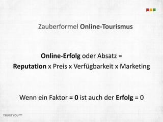 Zauberformel Online-Tourismus 
Online-Erfolg oder Absatz = 
Reputation x Preis x Verfügbarkeit x Marketing 
Wenn ein Faktor = 0 ist auch der Erfolg = 0 
3 
 