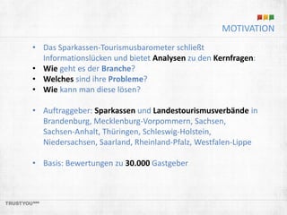 • Das Sparkassen-Tourismusbarometer schließt 
Informationslücken und bietet Analysen zu den Kernfragen: 
• Wie geht es der Branche? 
• Welches sind ihre Probleme? 
• Wie kann man diese lösen? 
• Auftraggeber: Sparkassen und Landestourismusverbände in 
Brandenburg, Mecklenburg-Vorpommern, Sachsen, 
Sachsen-Anhalt, Thüringen, Schleswig-Holstein, 
Niedersachsen, Saarland, Rheinland-Pfalz, Westfalen-Lippe 
• Basis: Bewertungen zu 30.000 Gastgeber 
MOTIVATION 
 