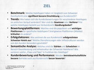 • Benchmark: Welche Hoteltypen haben im Vergleich zum Schweizer 
Durchschnitt eine signifikant bessere Einschätzung aus Kundensicht? 
• Trends: Wie haben sich die Kundenbewertungen für verschiedene Hoteltypen 
im zeitlichen Verlauf verändert? Wer sind die Gewinner oder Verlierer? Für 
welche Hoteltypen besteht aus Verbandssicht Handlungsbedarf? 
• Bewertungsplattformen: Welches sind die populären und wichtigen 
Plattformen für spezifische Hoteltypen? Sind gewisse Plattformen (Märkte) 
kritischer als andere? 
• Erfolgsfaktoren: Was zeichnet die aus Kundensicht erfolgreichsten 
Schweizer Hotels aus? Welche Dienstleistungen oder Infrastrukturen werden 
von den Kunden besonders geschätzt? 
• Semantische Analyse: Welches sind die Stärken und Schwächen im 
Bereich Dienstleistung und Infrastruktur der Schweizer Hotellerie? Wie 
variieren solche „Flops und Tops“ in Funktion des Hoteltyps? 
• Kundenbewertung und Performance: Werden betriebswirtschaftliche 
bessere Betriebe auch aus Kundensicht besser bewertet? 
41 
I Hotel-Evaluationen und Performance / 
R. Schegg , M. Scaglione & M. Fux / 26. 
September 2011 
ZIEL 
 