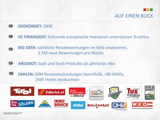AUF EINEN BLICK 
GEGRÜNDET: 2008 
VC FINANZIERT: Führende europäische Investoren unterstützen TrustYou 
BIG DATA: sämtliche Reisebewertungen im Web analysieren, 
2.5M neue Bewertungen pro Woche 
ANGEBOT: SaaS und DaaS-Produkte als jährliches Abo 
ZAHLEN: 50M Reiseentscheidungen beeinflußt, +80 DMOs, 
250K Hotels beobachten 
 