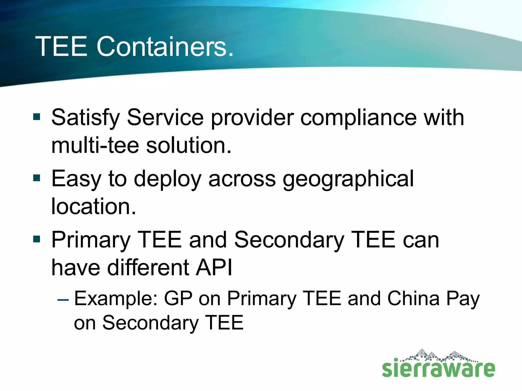 Virtualized TEE
Sierravisor Hypervisor
VCPU
Scheduler
Memory
Manager
Hal
Interrupt
Distribution
Event/Timer
Task
Manageme
nt tasks
that can run
directly on
Drive
rs
Guest0
Kernel &
Drivers
Application
Guest1
Kernel &
Drivers
Hyp
Tasks
Management
tasks that can
run directly on
HV
Drivers
Backend
drivers like
Virtio, UART
Primary Secure
World
SierraTEE
TaskletTaskletTasklets
Application
 