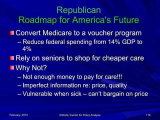 Republican   Roadmap for America's Future   <ul><li>Convert Medicare to a voucher program </li></ul><ul><ul><li>Reduce fed...