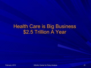 Health Care is Big Business $2.5 Trillion A Year February, 2010 EQUAL/ Center for Policy Analysis 