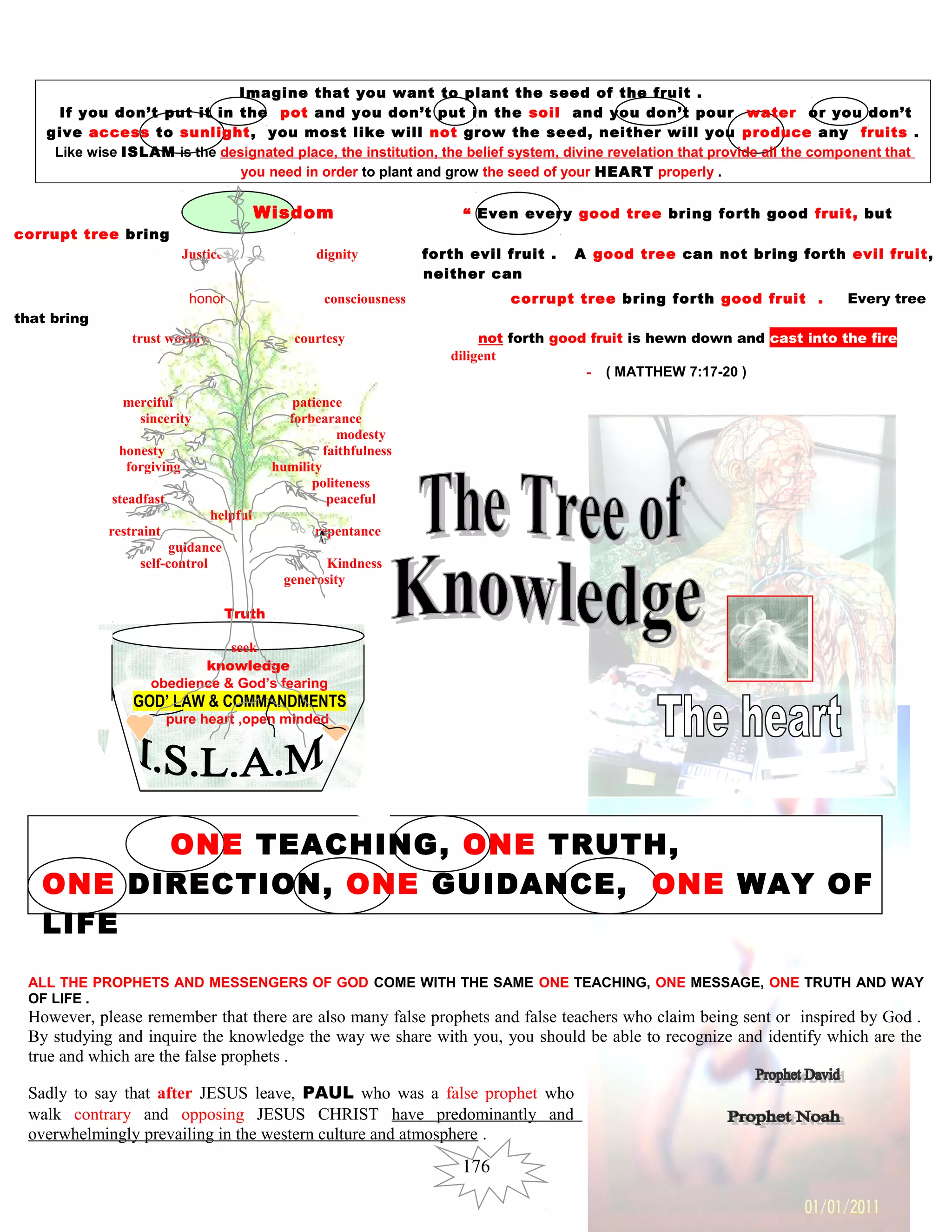 Imagine that you want to plant the seed of the fruit .
If you don’t put it in the pot and you don’t put in the soil and you don’t pour water or you don’t
give access to sunlight, you most like will not grow the seed, neither will you produce any fruits .
Like wise ISLAM is the designated place, the institution, the belief system, divine revelation that provide all the component that
you need in order to plant and grow the seed of your HEART properly .
Wisdom “ Even every good tree bring forth good fruit, but
corrupt tree bring
Justice dignity forth evil fruit . A good tree can not bring forth evil fruit,
neither can
honor consciousness corrupt tree bring forth good fruit . Every tree
that bring
trust worthy courtesy not forth good fruit is hewn down and cast into the fire
diligent
- ( MATTHEW 7:17-20 )
merciful patience
sincerity forbearance
modesty
honesty faithfulness
forgiving humility
politeness
steadfast peaceful
helpful
restraint repentance
guidance
self-control Kindness
generosity
Truth
seek
knowledge
obedience & God’s fearing
GOD’ LAW & COMMANDMENTS
pure heart ,open minded
ONE TEACHING, ONE TRUTH,
ONE DIRECTION, ONE GUIDANCE, ONE WAY OF
LIFE
ALL THE PROPHETS AND MESSENGERS OF GOD COME WITH THE SAME ONE TEACHING, ONE MESSAGE, ONE TRUTH AND WAY
OF LIFE .
However, please remember that there are also many false prophets and false teachers who claim being sent or inspired by God .
By studying and inquire the knowledge the way we share with you, you should be able to recognize and identify which are the
true and which are the false prophets .
Sadly to say that after JESUS leave, PAUL who was a false prophet who
walk contrary and opposing JESUS CHRIST have predominantly and
overwhelmingly prevailing in the western culture and atmosphere .
176
 