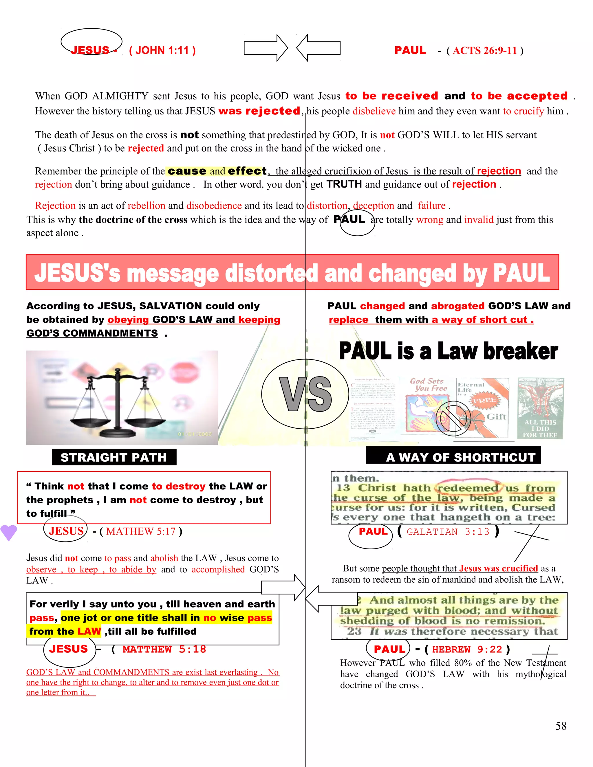 JESUS - ( JOHN 1:11 ) PAUL - ( ACTS 26:9-11 )
When GOD ALMIGHTY sent Jesus to his people, GOD want Jesus to be received and to be accepted .
However the history telling us that JESUS was rejected, his people disbelieve him and they even want to crucify him .
The death of Jesus on the cross is not something that predestined by GOD, It is not GOD’S WILL to let HIS servant
( Jesus Christ ) to be rejected and put on the cross in the hand of the wicked one .
Remember the principle of the cause and effect, the alleged crucifixion of Jesus is the result of rejection and the
rejection don’t bring about guidance . In other word, you don’t get TRUTH and guidance out of rejection .
Rejection is an act of rebellion and disobedience and its lead to distortion, deception and failure .
This is why the doctrine of the cross which is the idea and the way of PAUL are totally wrong and invalid just from this
aspect alone .
According to JESUS, SALVATION could only PAUL changed and abrogated GOD’S LAW and
be obtained by obeying GOD’S LAW and keeping replace them with a way of short cut .
GOD’S COMMANDMENTS .
SSTRAIGHT PATHH A WAY OF SHORTHCUT
“ Think not that I come to destroy the LAW or
the prophets , I am not come to destroy , but
to fulfill ”
JESUS - ( MATHEW 5:17 ) PAUL ( GALATIAN 3:13 )
Jesus did not come to pass and abolish the LAW , Jesus come to
observe , to keep , to abide by and to accomplished GOD’S
LAW .
But some people thought that Jesus was crucified as a
ransom to redeem the sin of mankind and abolish the LAW,
For verily I say unto you , till heaven and earth
pass, one jot or one title shall in no wise pass
from the LAW ,till all be fulfilled
JESUS - ( MATTHEW 5:18 PAUL - ( HEBREW 9:22 )
GOD’S LAW and COMMANDMENTS are exist last everlasting . No
one have the right to change, to alter and to remove even just one dot or
one letter from it..
However PAUL who filled 80% of the New Testament
have changed GOD’S LAW with his mythological
doctrine of the cross .
58
 