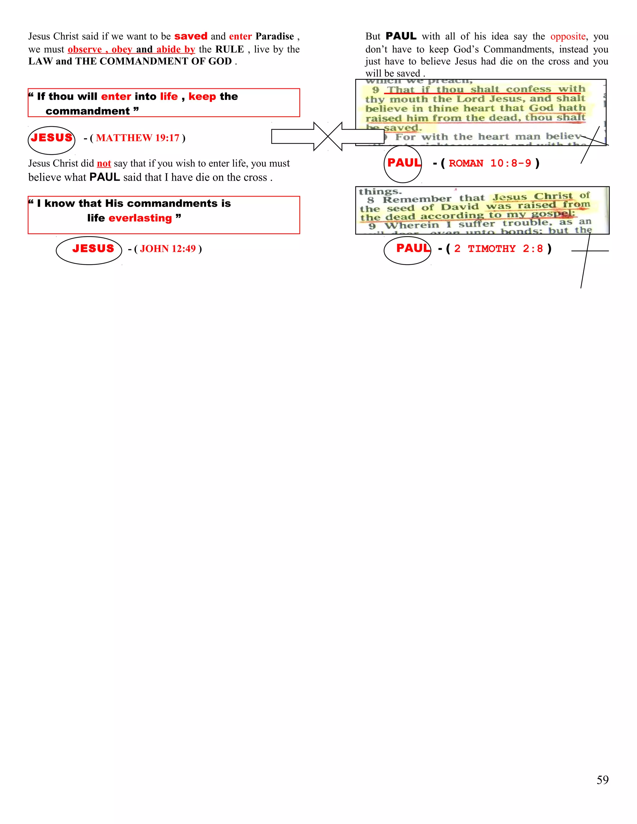Jesus Christ said if we want to be saved and enter Paradise ,
we must observe , obey and abide by the RULE , live by the
LAW and THE COMMANDMENT OF GOD .
But PAUL with all of his idea say the opposite, you
don’t have to keep God’s Commandments, instead you
just have to believe Jesus had die on the cross and you
will be saved .
“ If thou will enter into life , keep the
commandment ”
JESUS - ( MATTHEW 19:17 )
Jesus Christ did not say that if you wish to enter life, you must PAUL - ( ROMAN 10:8-9 )
believe what PAUL said that I have die on the cross .
“ I know that His commandments is
life everlasting ”
JESUS - ( JOHN 12:49 ) PAUL - ( 2 TIMOTHY 2:8 )
59
 