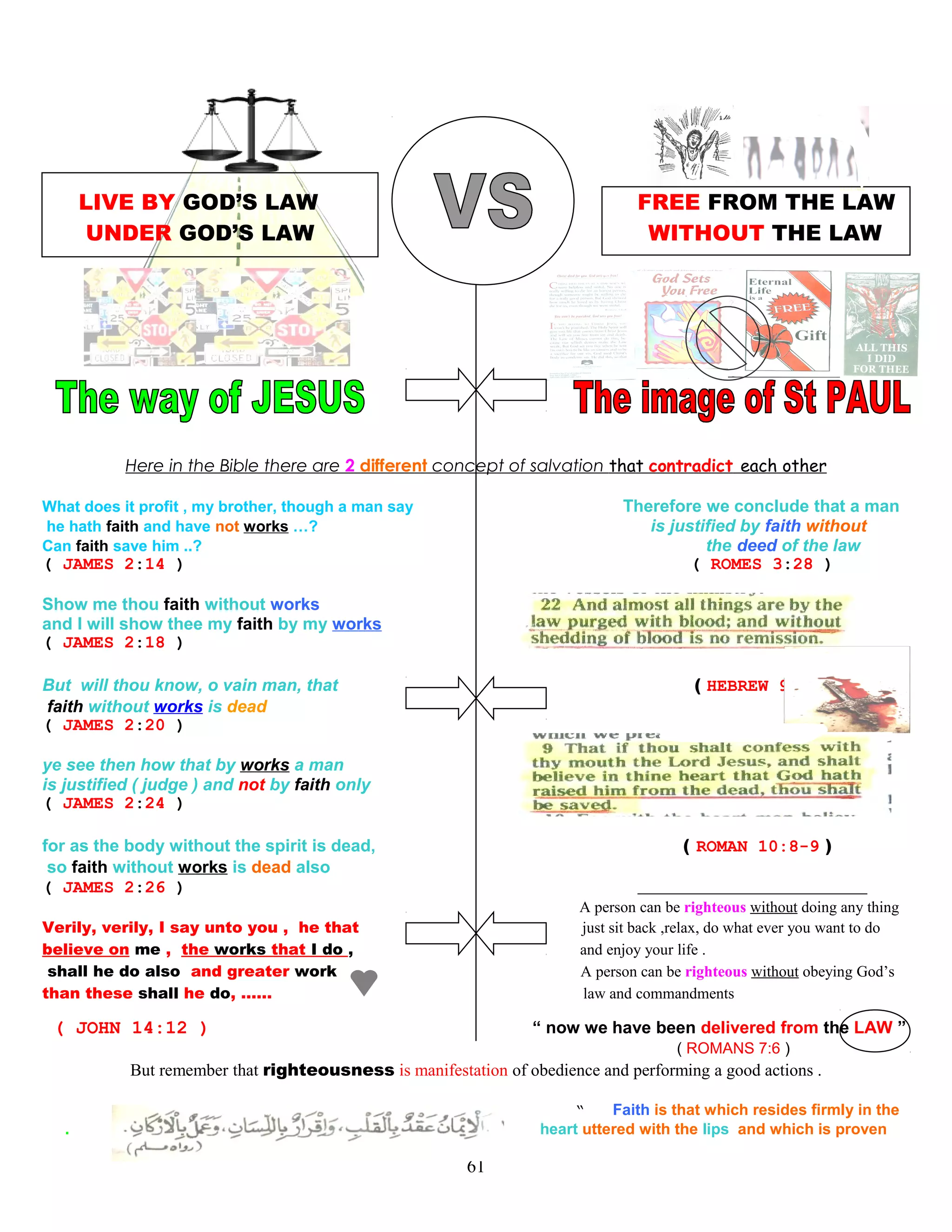 LIVE BY GOD’S LAW FREE FROM THE LAW
UNDER GOD’S LAW WITHOUT THE LAW
Here in the Bible there are 2 different concept of salvation that contradict each other
What does it profit , my brother, though a man say Therefore we conclude that a man
he hath faith and have not works …? is justified by faith without
Can faith save him ..? the deed of the law
( JAMES 2:14 ) ( ROMES 3:28 )
Show me thou faith without works
and I will show thee my faith by my works
( JAMES 2:18 )
But will thou know, o vain man, that ( HEBREW 9:22 )
faith without works is dead
( JAMES 2:20 )
ye see then how that by works a man
is justified ( judge ) and not by faith only
( JAMES 2:24 )
for as the body without the spirit is dead, ( ROMAN 10:8-9 )
so faith without works is dead also
( JAMES 2:26 ) According to the idea of PAUL
A person can be righteous without doing any thing
Verily, verily, I say unto you , he that just sit back ,relax, do what ever you want to do
believe on me , the works that I do , and enjoy your life .
shall he do also and greater work A person can be righteous without obeying God’s
than these shall he do, …… law and commandments
( JOHN 14:12 ) “ now we have been delivered from the LAW ”
( ROMANS 7:6 )
But remember that righteousness is manifestation of obedience and performing a good actions .
“ Faith is that which resides firmly in the
. heart uttered with the lips and which is proven
61
 
