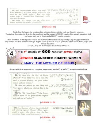 ( QUR’AN 2 ; 55 )
Think about the beauty, the wonder and the splendor of this world, the earth and the entire universe .
Think about the wonder, the diversity, the complexity and the intricacy of GOD’S creation from animal, vegetation, food
our human body and its faculty and all GOD’s creation on earth .
Think about how JEWISH people were set free by Prophet Moses from slavery done by King of Egypt, the Pharaoh,
They witness and show with their own eye, Prophet Moses by the will of GOD spitted the red sea and JEWISH people went
through the red sea .
And yet ,.. they still disbelieve for the existence of GOD ??
THE 4ST
CHARGE OF GOD AGAINST JEWISH PEOPLE
JEWISH SLANDERED CHASTE WOMEN
( MARY, THE MOTHER OF JESUS )
Since the Biblical account is not complete, its recorded and GOD ALMIGHTY stated in the QUR’AN
( QUR’AN 19 : 28 )
( QUR’AN 4 : 156 )
153
 