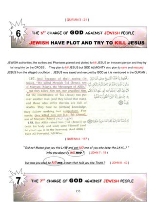 ( QUR’AN 3 : 21 )
THE 6ST
CHARGE OF GOD AGAINST JEWISH PEOPLE
JEWISH HAVE PLOT AND TRY TO KILL JESUS
JEWISH authorities, the scribes and Pharisees planed and plotted to kill JESUS an innocent person and they try
to hang him on the CROSS . They plan to kill JESUS but GOD ALMIGHTY also plan to save and rescued
JESUS from the alleged crucifixion . JESUS was saved and rescued by GOD as it is mentioned in the QUR’AN ;
( QUR’AN 4 : 157 )
“ Did not Moses give you the LAW and yet NO one of you who keep the LAW,..? ”
Why you about to kill me ? ( JOHN 7 : 19 )
but now you seek to kill me, a man that told you the Truth ? ( JOHN 8 : 40 )
THE 7ST
CHARGE OF GOD AGAINST JEWISH PEOPLE
155
 