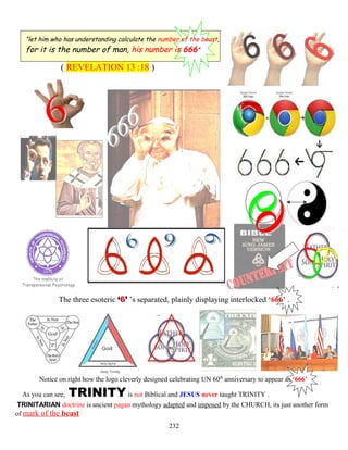 “let him who has understanding calculate the number of the beast,
for it is the number of man, his number is 666”
( REVELATION 13 :18 )
The three esoteric ‘6’ ’s separated, plainly displaying interlocked ‘666’ .
Notice on right how the logo cleverly designed celebrating UN 60th
anniversary to appear as ‘666’
As you can see, TRINITYis not Biblical and JESUS never taught TRINITY .
TRINITARIAN doctrine is ancient pagan mythology adapted and imposed by the CHURCH, its just another form
of mark of the beast
232
 