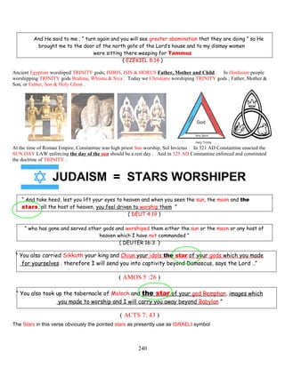 And He said to me ; “ turn again and you will see greater abomination that they are doing ” so He
brought me to the door of the north gate of the Lord’s house and to my dismay women
were sitting there weeping for Tammuz
( EZEKIEL 8:14 )
Ancient Egyptian worshiped TRINITY gods; ISIRIS, ISIS & HORUS Father, Mother and Child . In Hinduism people
worshipping TRINITY gods Brahma, Whisnu & Siva . Today we Christians worshiping TRINITY gods ; Father, Mother &
Son, or Father, Son & Holy Ghost .
At the time of Roman Empire, Constantine was high priest Sun worship, Sol Invictus . In 321 AD Constantine enacted the
SUN DAY LAW enforcing the day of the sun should be a rest day . And in 325 AD Constantine enforced and constituted
the doctrine of TRINITY .
JUDAISM = STARS WORSHIPER
“ And take heed, lest you lift your eyes to heaven and when you seen the sun, the moon and the
stars, all the host of heaven, you feel driven to worship them ”
( DEUT 4:19 )
“ who has gone and served other gods and worshiped them either the sun or the moon or any host of
heaven which I have not commanded ”
( DEUTER 16:3 )
“ You also carried Sikkuth your king and Chiun your idols the star of your gods which you made
for yourselves . therefore I will send you into captivity beyond Damascus, says the Lord ..”
( AMOS 5 :26 )
“ You also took up the tabernacle of Moloch and the star of your god Remphan, images which
you made to worship and I will carry you away beyond Babylon ”
( ACTS 7: 43 )
The Stars in this verse obviously the pointed stars as presently use as ISRAELI symbol
240
 
