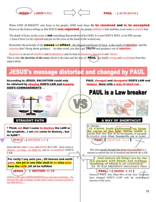 JESUS - ( JOHN 1:11 ) PAUL - ( ACTS 26:9-11 )
When GOD ALMIGHTY sent Jesus to his people, GOD want Jesus to be received and to be accepted .
However the history telling us that JESUS was rejected, his people disbelieve him and they even want to crucify him .
The death of Jesus on the cross is not something that predestined by GOD, It is not GOD’S WILL to let HIS servant
( Jesus Christ ) to be rejected and put on the cross in the hand of the wicked one .
Remember the principle of the cause and effect, the alleged crucifixion of Jesus is the result of rejection and the
rejection don’t bring about guidance . In other word, you don’t get TRUTH and guidance out of rejection .
Rejection is an act of rebellion and disobedience and its lead to distortion, deception and failure .
This is why the doctrine of the cross which is the idea and the way of PAUL are totally wrong and invalid just from this
aspect alone .
According to JESUS, SALVATION could only PAUL changed and abrogated GOD’S LAW and
be obtained by obeying GOD’S LAW and keeping replace them with a way of short cut .
GOD’S COMMANDMENTS .
SSTRAIGHT PATHH A WAY OF SHORTHCUT
“ Think not that I come to destroy the LAW or
the prophets , I am not come to destroy , but
to fulfill ”
JESUS - ( MATHEW 5:17 ) PAUL ( GALATIAN 3:13 )
Jesus did not come to pass and abolish the LAW , Jesus come to
observe , to keep , to abide by and to accomplished GOD’S
LAW .
But some people thought that Jesus was crucified as a
ransom to redeem the sin of mankind and abolish the LAW,
For verily I say unto you , till heaven and earth
pass, one jot or one title shall in no wise pass
from the LAW ,till all be fulfilled
JESUS - ( MATTHEW 5:18 PAUL - ( HEBREW 9:22 )
GOD’S LAW and COMMANDMENTS are exist last everlasting . No
one have the right to change, to alter and to remove even just one dot or
one letter from it..
However PAUL who filled 80% of the New Testament
have changed GOD’S LAW with his mythological
doctrine of the cross .
58
 