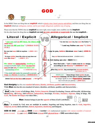 GOD
In the BIBLE there are thing that are explicit which is plainly clear, literal, precise and definite and there are thing that are
implicit which are ambiguous, unclear, and its just simply allegorical, symbolic way of saying .
Please note that the THING that are explicit has more right, more weight, more credible over the implicit .
On the other hand, the thing that are implicit can not go over, penetrate or supercede the one that explicit .
“ you can not see MY face, for there shall “ he who has seen me, has seen the Father ” (
JOHN 14:9 )
no man see ME and live ” ( EXODUS 33:20 ) “ I and my Father are one ” ( JOHN
10:30 )
No man had seen GOD at anytime ( JOHN 1:18 ) I say to you, before Abraham was I am ( JOHN 8:
58 )
“ Ye have neither hear His voice at any time nor they saw God and did eat and drink ( EXODUS 24:11 )
seen His shape ” ( JOHN 5 : 37 )
“ I saw the Lord standing upon altar ( AMOS 9:1 )
Who alone has immortality, dwelling in then God said ; “ Let us make man in our image,
unapproachable light, whom no man has according to our likeness ” ( GENESIS 1: 26 )
seen or can see, to whom be honor and
everlasting power ( 1 TIMOTHY 6:16 ) When they saw him , they worshiped him, but some doubted,..
( MATTHEW 28 :17 )
“ You shall not make for yourself a carved
image, any likeness of anything ” ( EXODUS 20:4 ) JESUS said ; “ these things I have spoken to you
in figurative language, but the time is coming when I will
Jesus fell on his face and prayed ” ( MATT 26:39 ) no longer speak to you in figurative language,
but I will tell you plainly “ ( JOHN 16:25 )
God Almighty has His own standard of nature, identity, attributes, qualities and characteristics,
While Man also has his own standard of nature, identities, attributes, qualities and characteristics .
God is the Creator of all things, Holy, Perfect, Immortal, Eternal, Everlasting, Unseen, all-Powerful, All-Knowing,
All-Hearing, All-Seeing, Self-Sufficient, Independent, Sovereign, Provider, Sustainer, Supreme, King of kings, The
Lord , No slumber or fatigue ever takes Him ..
Man ( human beings) is just the opposite of those (God’s) attributes .
Man is created by God, men are multiple in number, begetting and being begotten, man is weak, imperfect,
temporal, mortal, flesh and bone, limited, dependent, slumbering and fatigued .
GOD IS ONE , it is not just ONE in term of number with mathematical equation with various resemble of material
picture in mind . It is not merely ONE item, it is not ONE physical form or ONE materialized object,
87
 