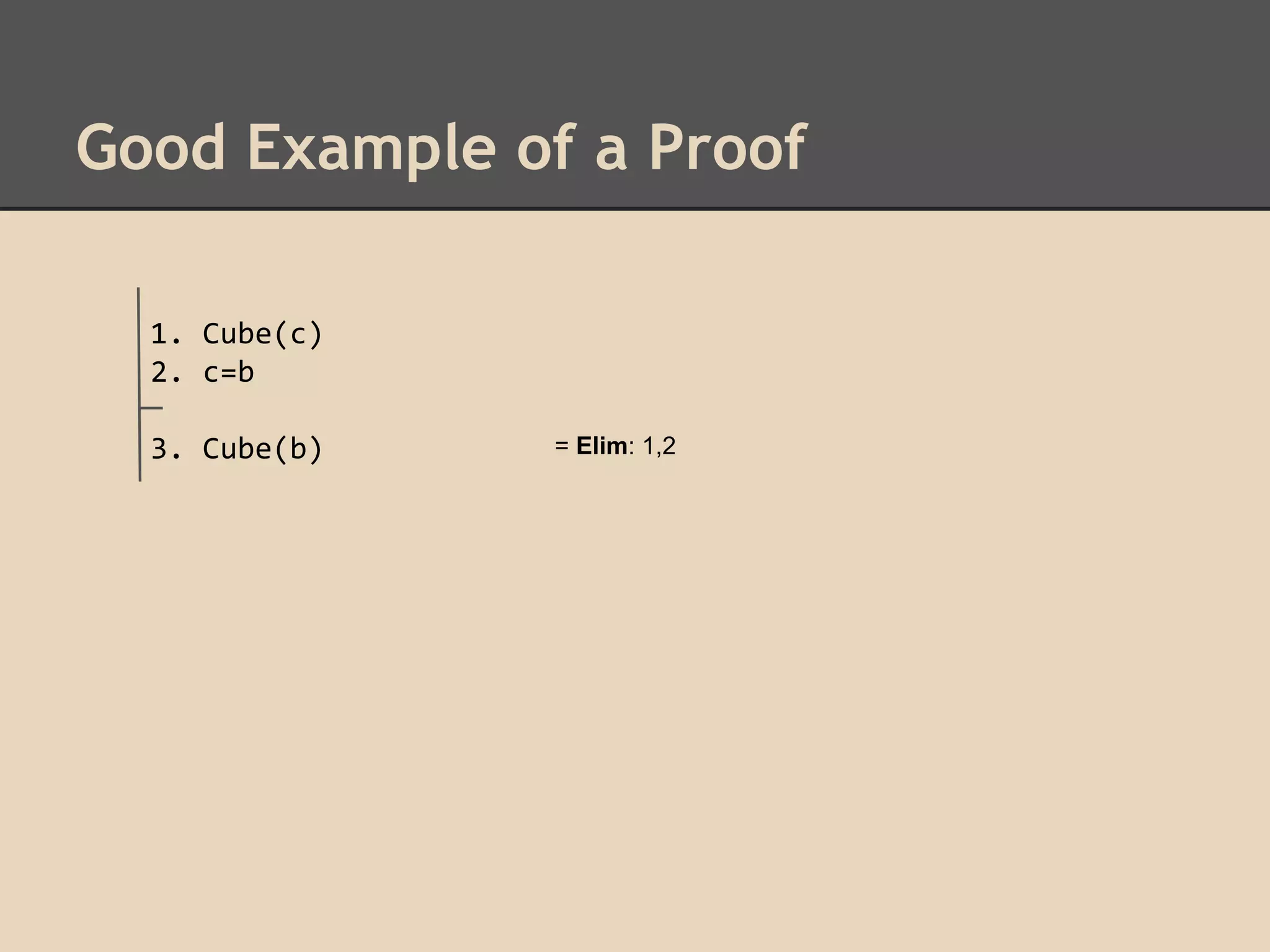 Good Example of a Proof
1. Cube(c)
2. c=b
3. Cube(b)

= Elim: 1,2

 