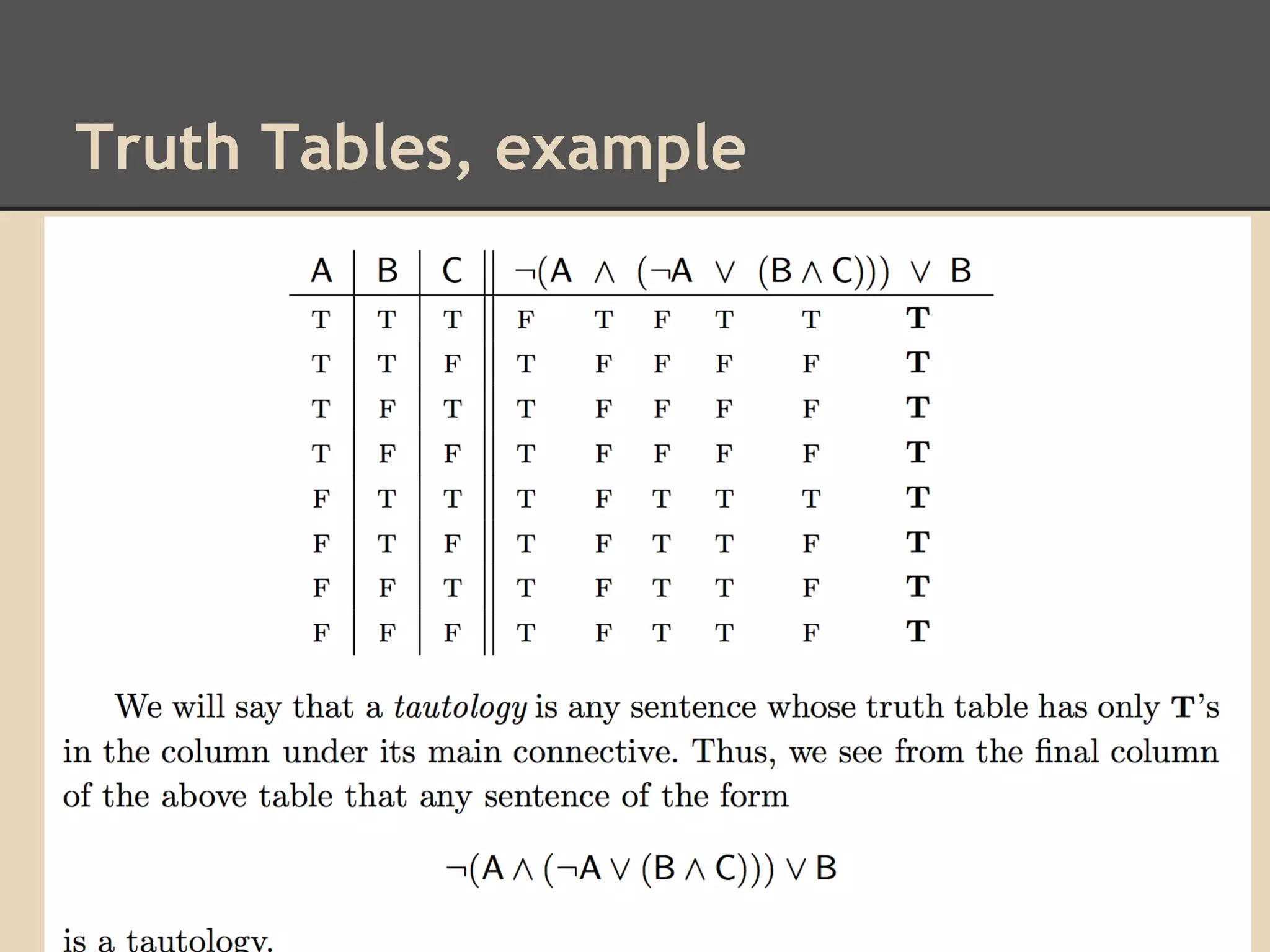 Truth Tables, example

 