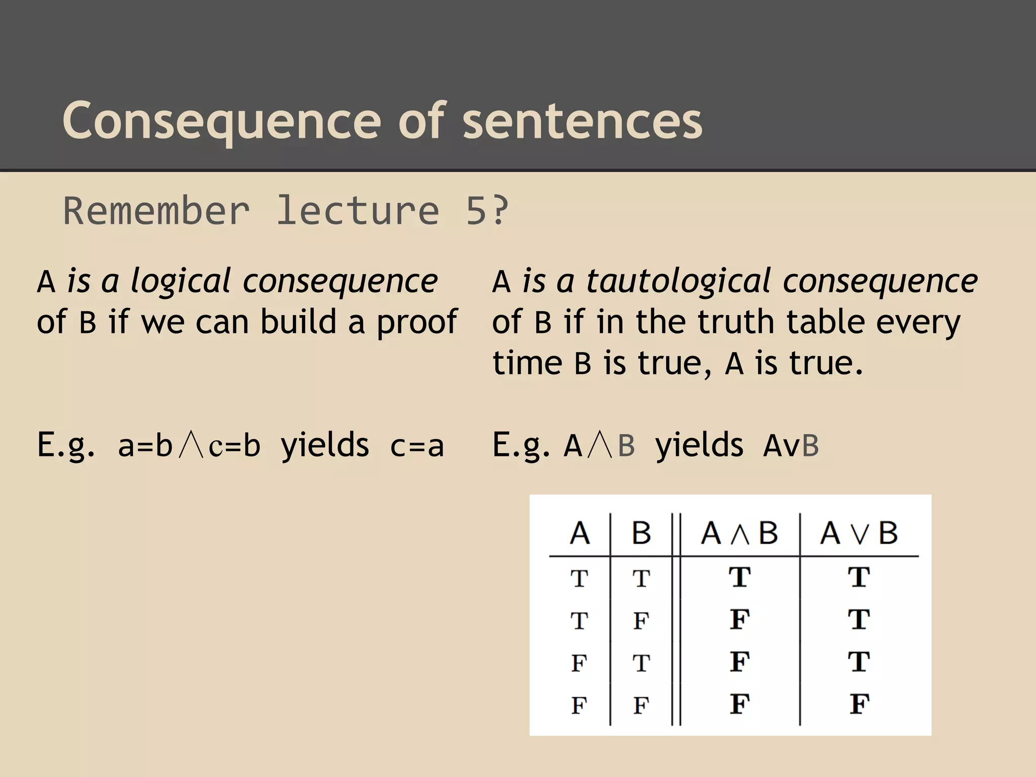 Consequence of sentences
Remember lecture 5?
A is a logical consequence
A is a tautological consequence
of B if we can build a proof of B if in the truth table every
time B is true, A is true.
E.g. a=b∧с=b yields c=a

E.g. A∧B yields AvB

 