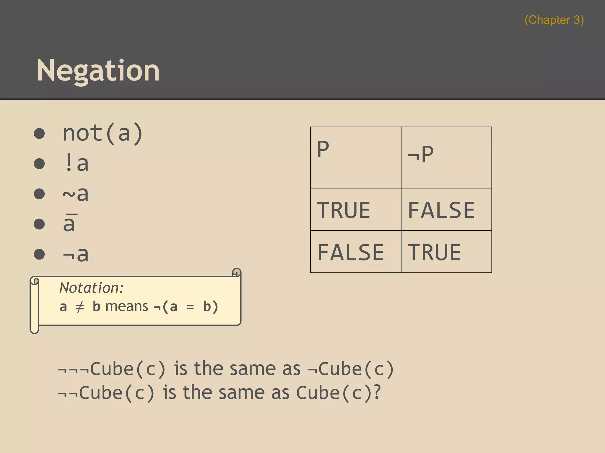 (Chapter 3)

Negation
●
●
●
●
●

not(a)
!a
~a
a
¬a

P

¬P

TRUE

FALSE

FALSE TRUE

Notation:
a ≠ b means ¬(a = b)

¬¬¬Cube(c) is the same as ¬Cube(c)
¬¬Cube(c) is the same as Cube(c)?

 