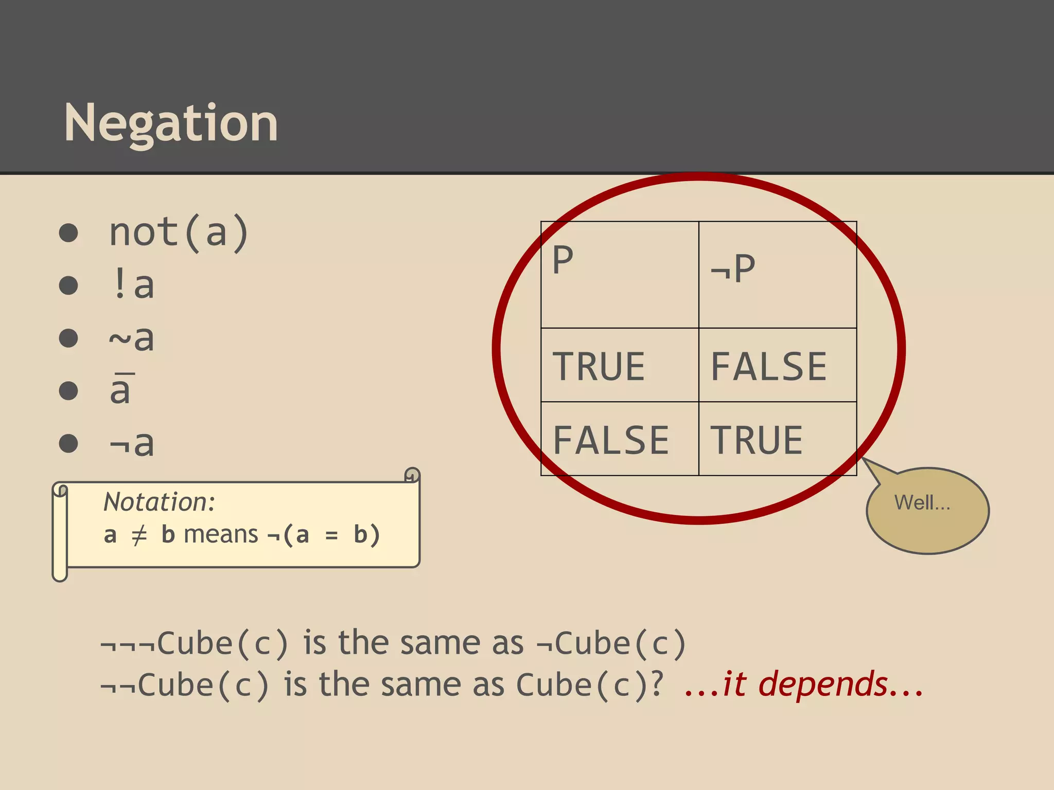 Negation
●
●
●
●
●

not(a)
!a
~a
a
¬a
Notation:
a ≠ b means ¬(a = b)

P

¬P

TRUE

FALSE

FALSE TRUE
Well...

¬¬¬Cube(c) is the same as ¬Cube(c)
¬¬Cube(c) is the same as Cube(c)? ...it depends...

 