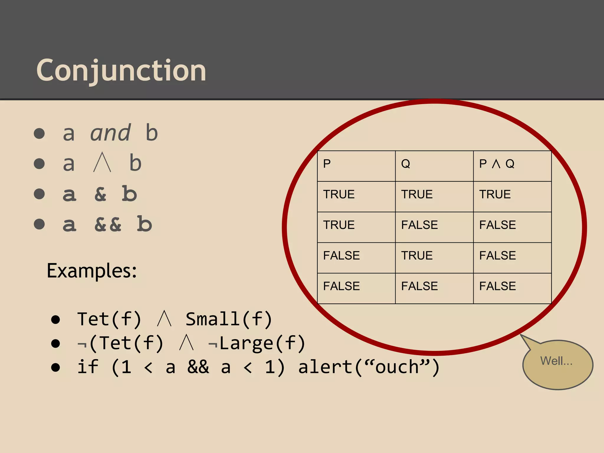 Conjunction
●
●
●
●

a
a
a
a

and b
∧ b
& b
&& b

Q

P∧Q

TRUE

TRUE

TRUE

TRUE

FALSE

FALSE

FALSE

Examples:

P

TRUE

FALSE

FALSE

FALSE

FALSE

● Tet(f) ∧ Small(f)
● ¬(Tet(f) ∧ ¬Large(f)
● if (1 < a && a < 1) alert(“ouch”)

Well...

 