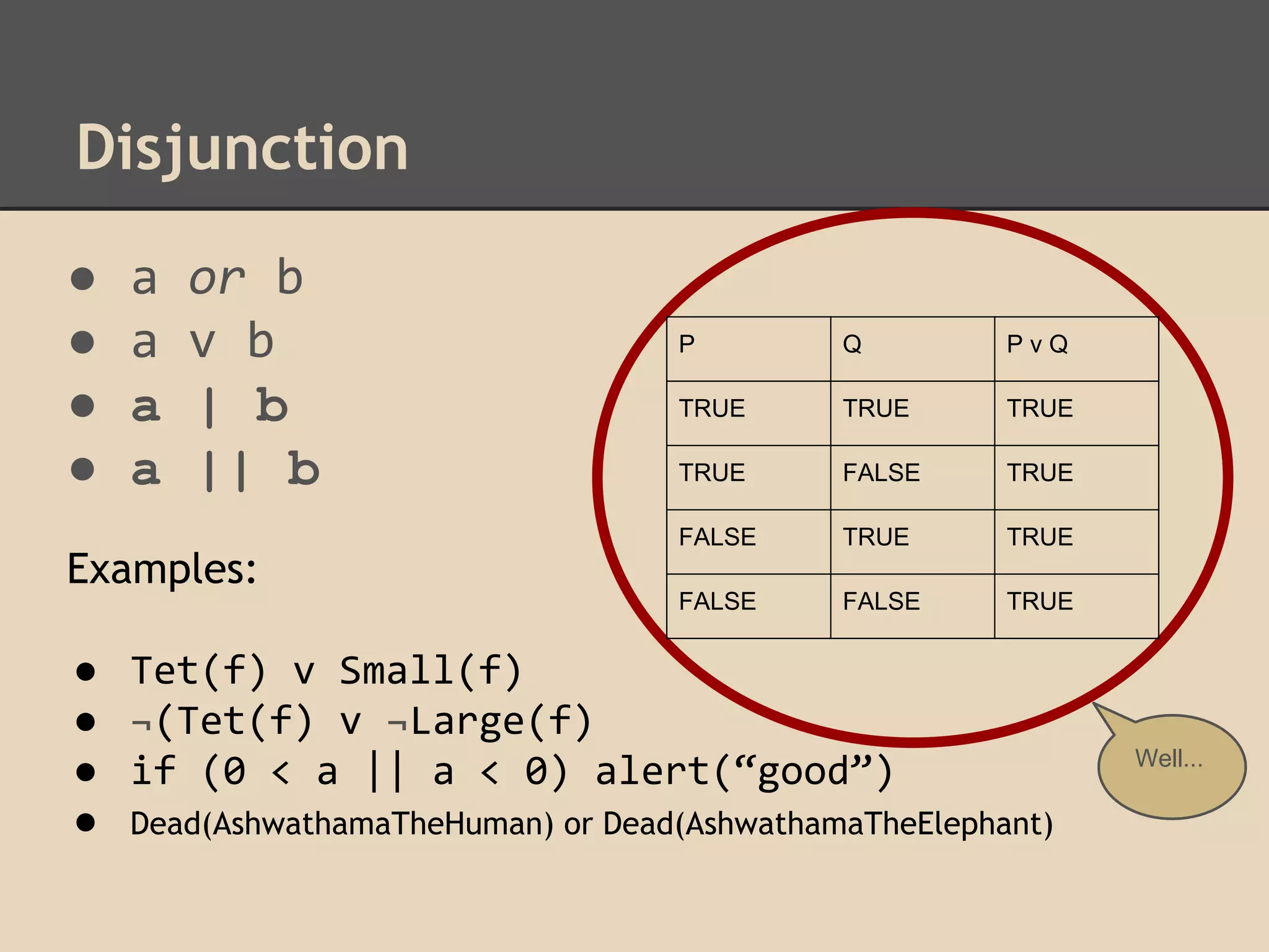 Disjunction
●
●
●
●

a
a
a
a

or b
v b
| b
|| b

Q

PvQ

TRUE

TRUE

TRUE

TRUE

FALSE

TRUE

FALSE

Examples:

P

TRUE

TRUE

FALSE

FALSE

TRUE

● Tet(f) v Small(f)
● ¬(Tet(f) v ¬Large(f)
● if (0 < a || a < 0) alert(“good”)
● Dead(AshwathamaTheHuman) or Dead(AshwathamaTheElephant)

Well...

 