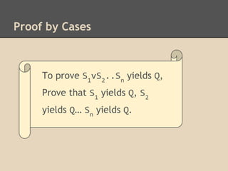 Proof by Cases

To prove S1vS2..Sn yields Q,
Prove that S1 yields Q, S2
yields Q… Sn yields Q.

 