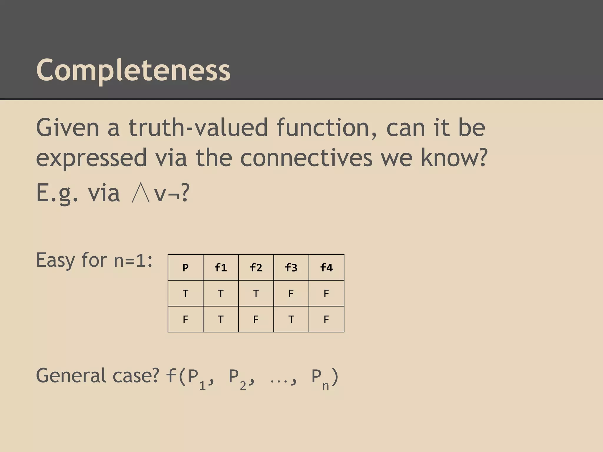 Completeness
Given a truth-valued function, can it be
expressed via the connectives we know?
E.g. via ∧v¬?
Easy for n=1:

P

f1

f2

f3

f4

T

T

T

F

F

F

T

F

T

F

General case? f(P1, P2, …, Pn)

 