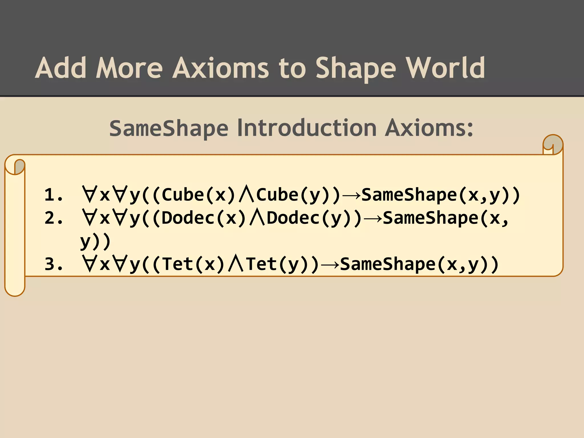 Add More Axioms to Shape World
SameShape Introduction Axioms:
1. ∀x∀y((Cube(x)∧Cube(y))→SameShape(x,y))
2. ∀x∀y((Dodec(x)∧Dodec(y))→SameShape(x,
y))
3. ∀x∀y((Tet(x)∧Tet(y))→SameShape(x,y))

 