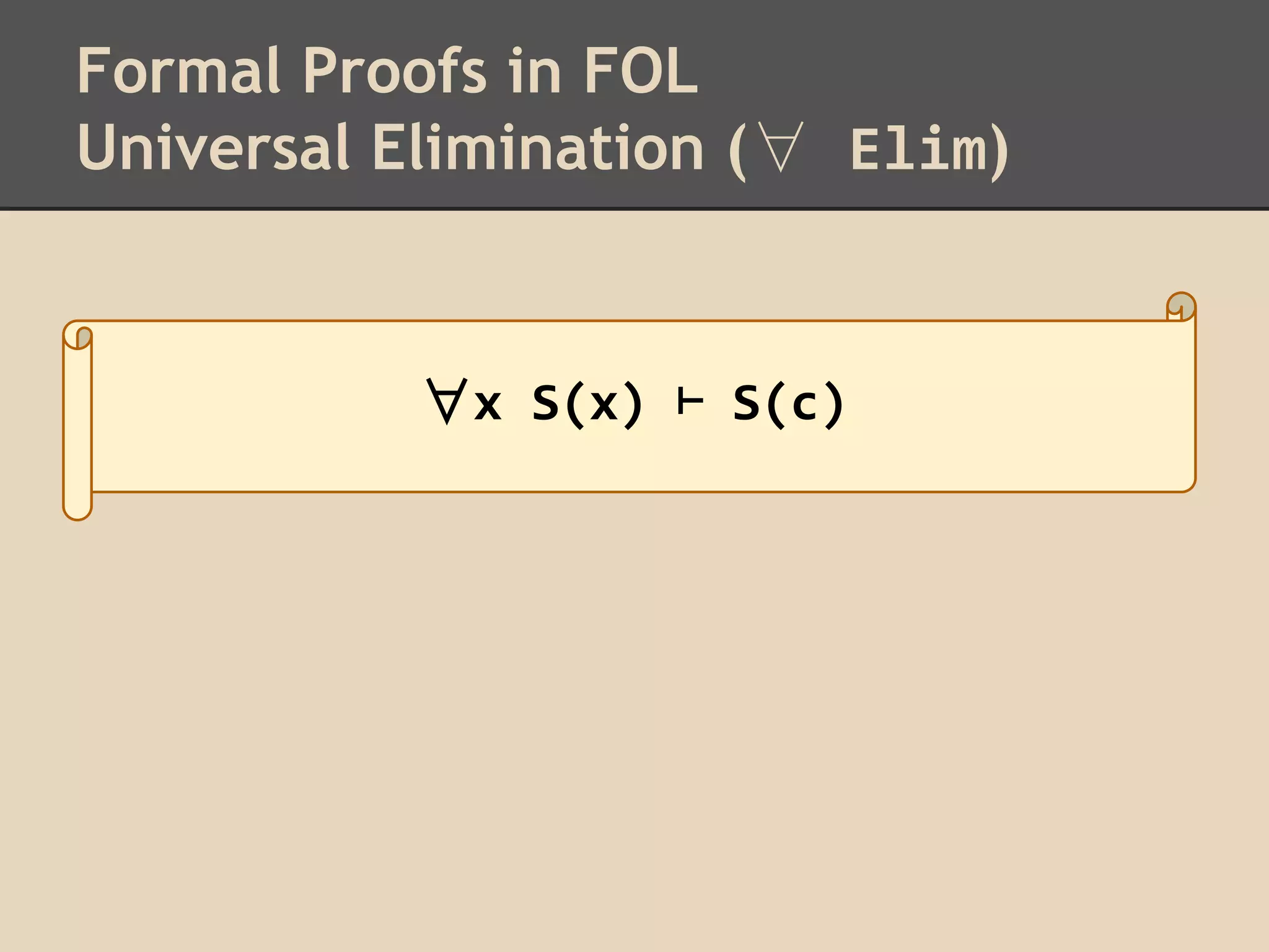 Formal Proofs in FOL
Universal Elimination (∀ Elim)

∀x S(x) ⊢ S(c)

 