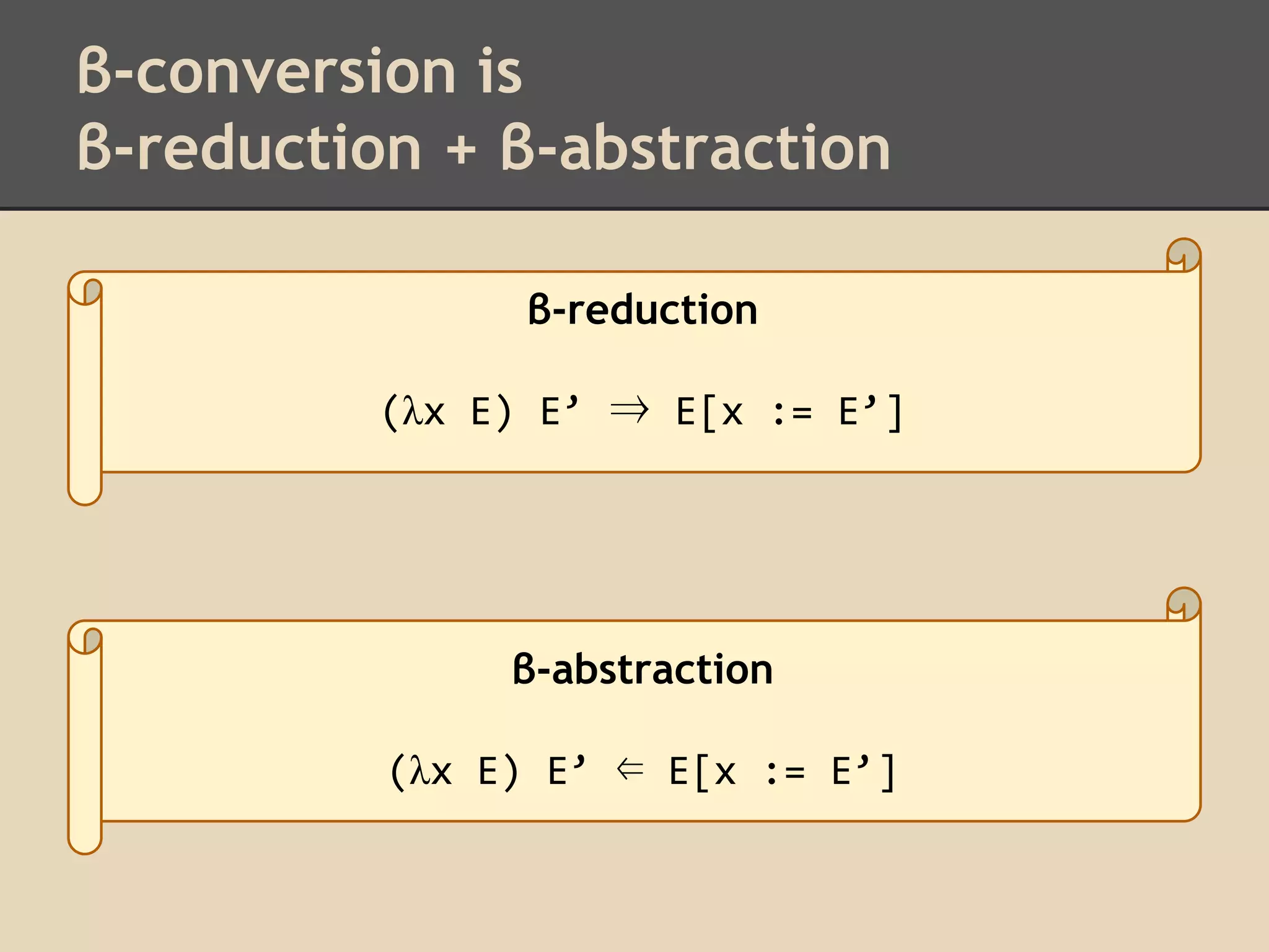 β-conversion is
β-reduction + β-abstraction
β-reduction
(λx E) E’ ⇒ E[x := E’]

β-abstraction
(λx E) E’ ⇐ E[x := E’]

 