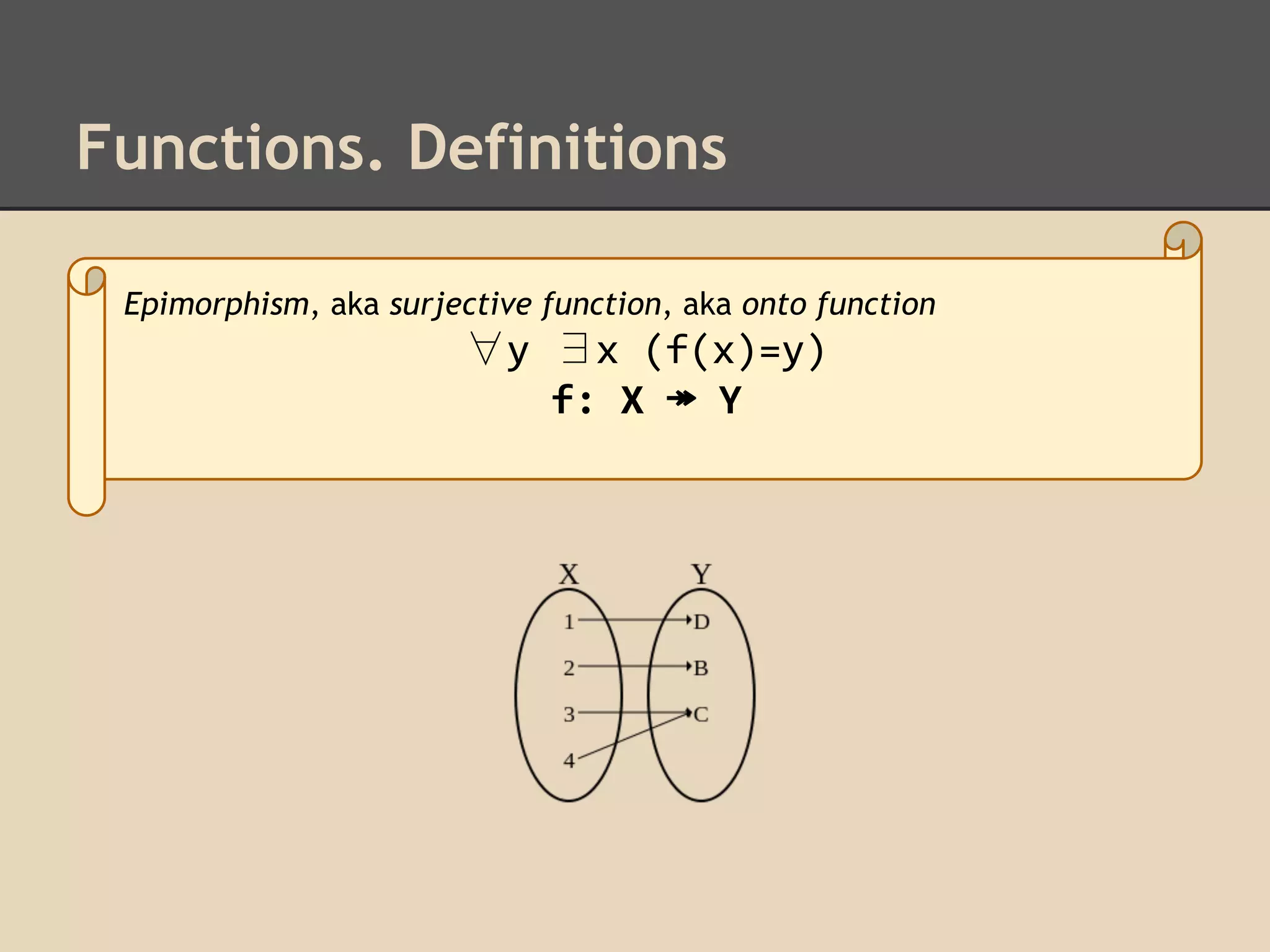 Functions. Definitions
Epimorphism, aka surjective function, aka onto function

∀y ∃x (f(x)=y)
f: X ↠ Y

 