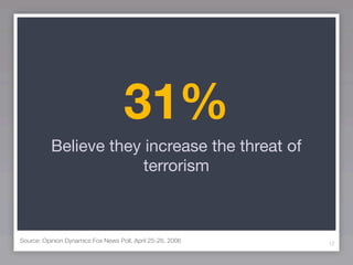 31%
           Believe they increase the threat of
                        terrorism



Source: Opinion Dynamics Fox News Poll, April 25-26, 2006   12
 